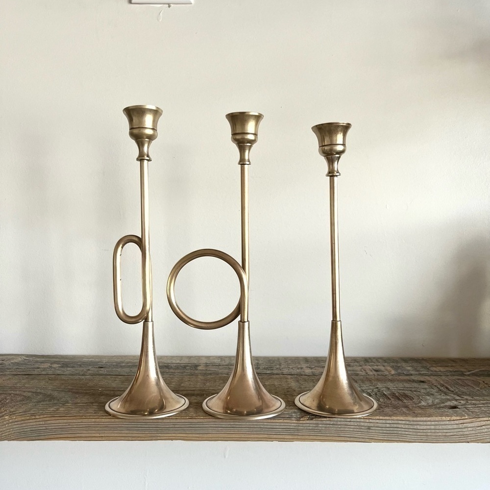 Bugle style brass candlestick trumpet horn set of 3